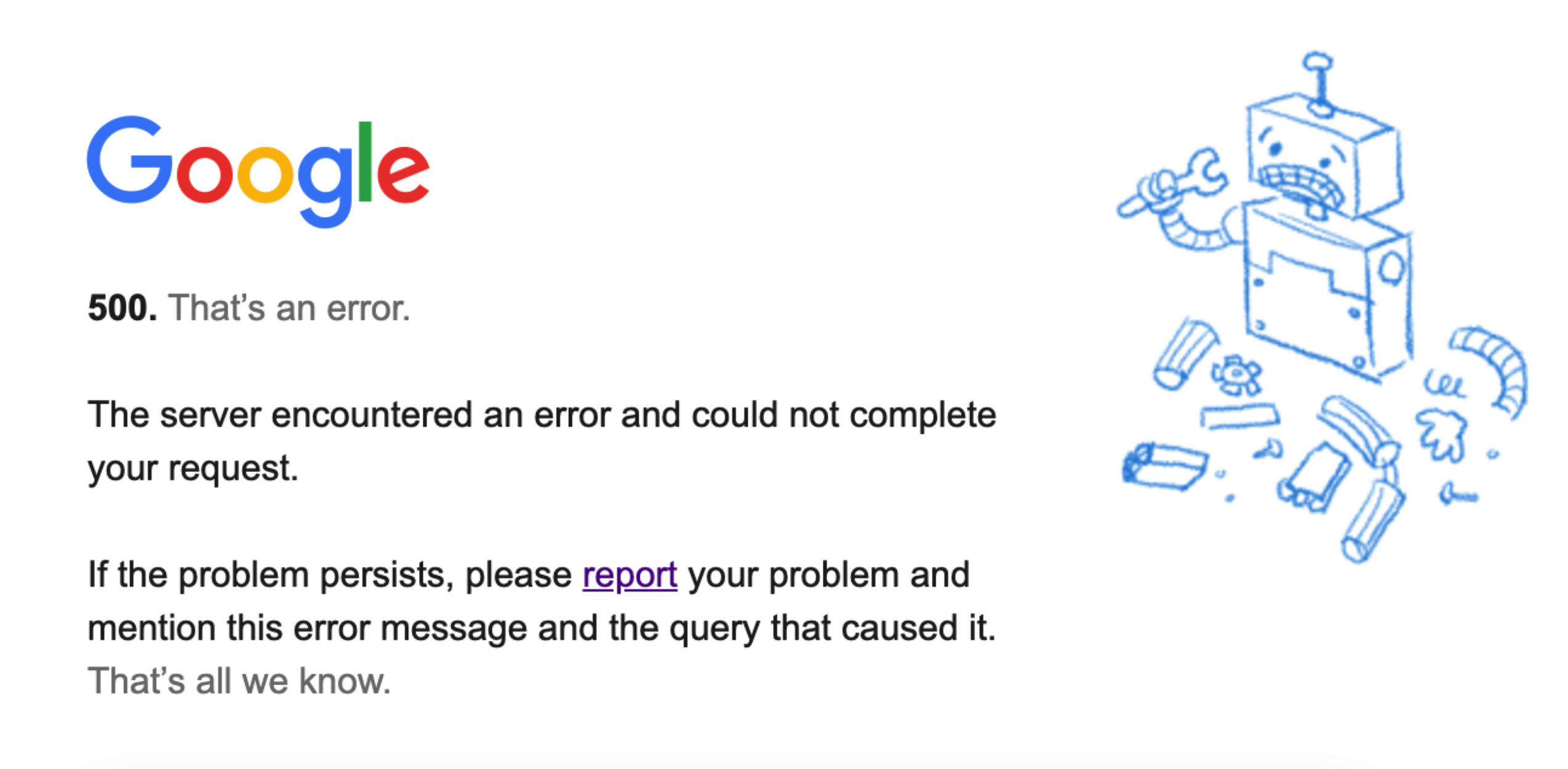 Ejemplo del error 500 en una página web
